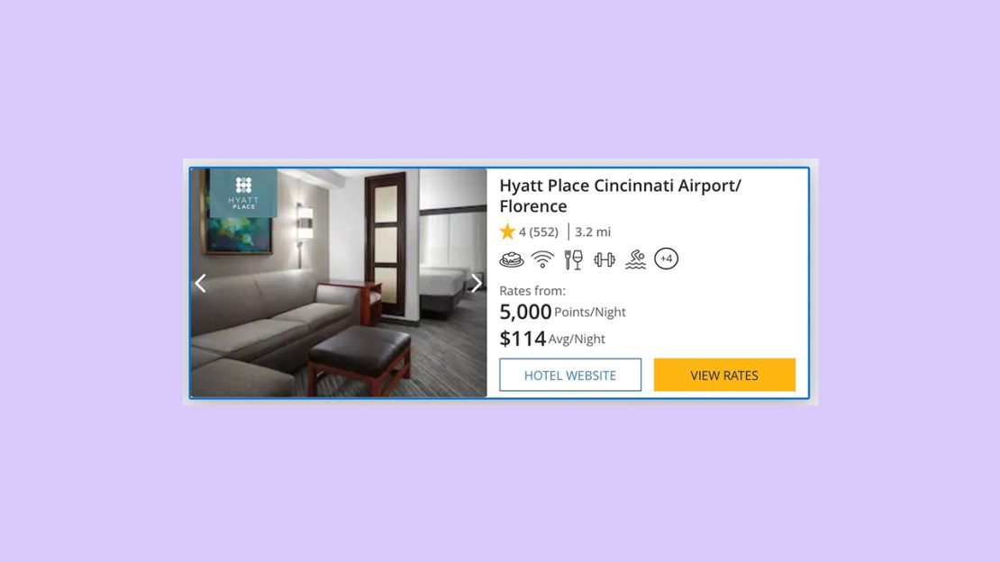 A screenshot of the cash and award price at the Hyatt Place CVG