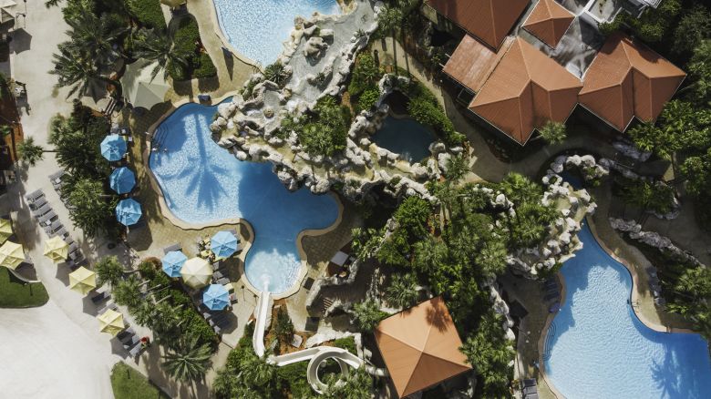 An aerial photo of the pool at the Hyatt Regency Grand Cypress Resort