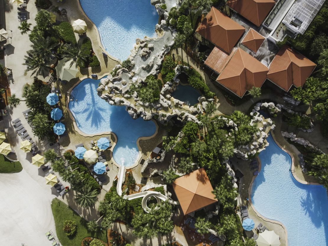 An aerial photo of the pool at the Hyatt Regency Grand Cypress Resort