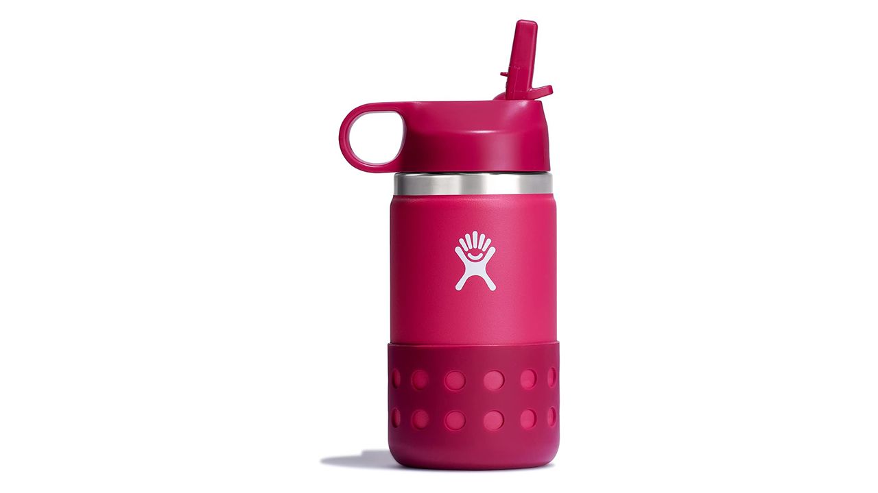 A photo of a pink Hydro Flask Kids Wide Mouth Straw Cap And Boot 