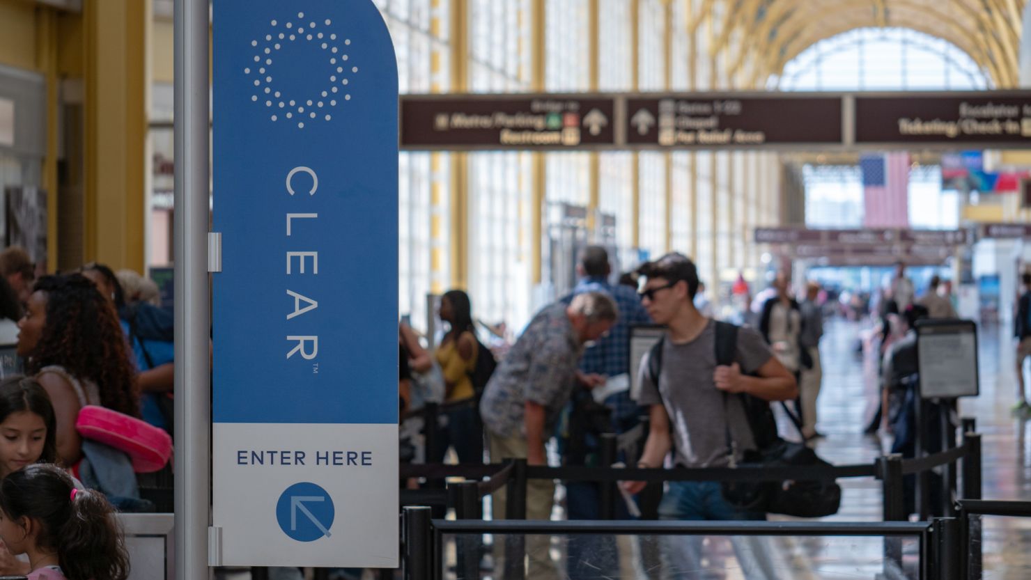 A photo of a CLEAR security sign at Reagan National Airport in Washington D.C.