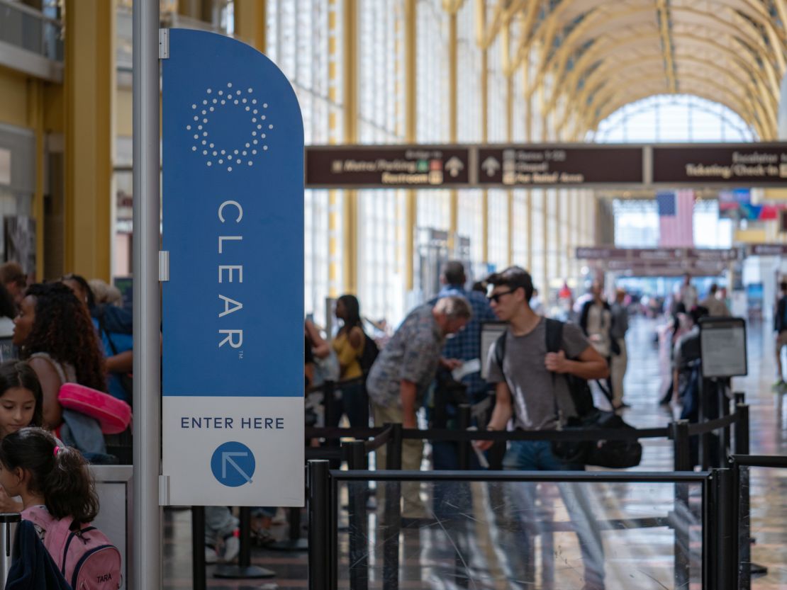 A photo of a CLEAR security sign at Reagan National Airport in Washington D.C.