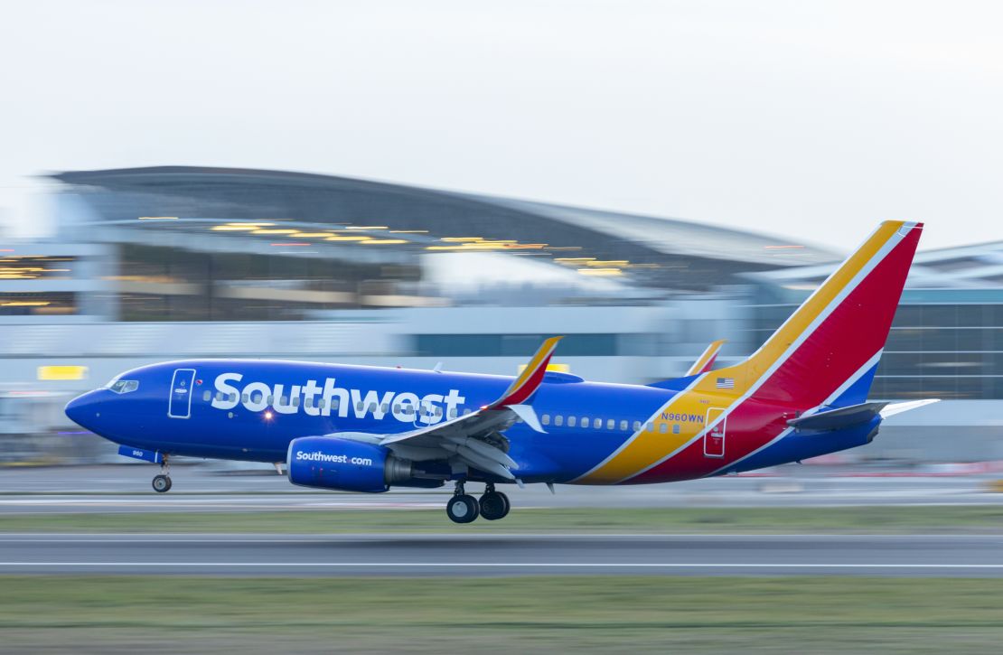 A photo of a Southwest Airlines Boeing 737 taking off in Portland, Oregon