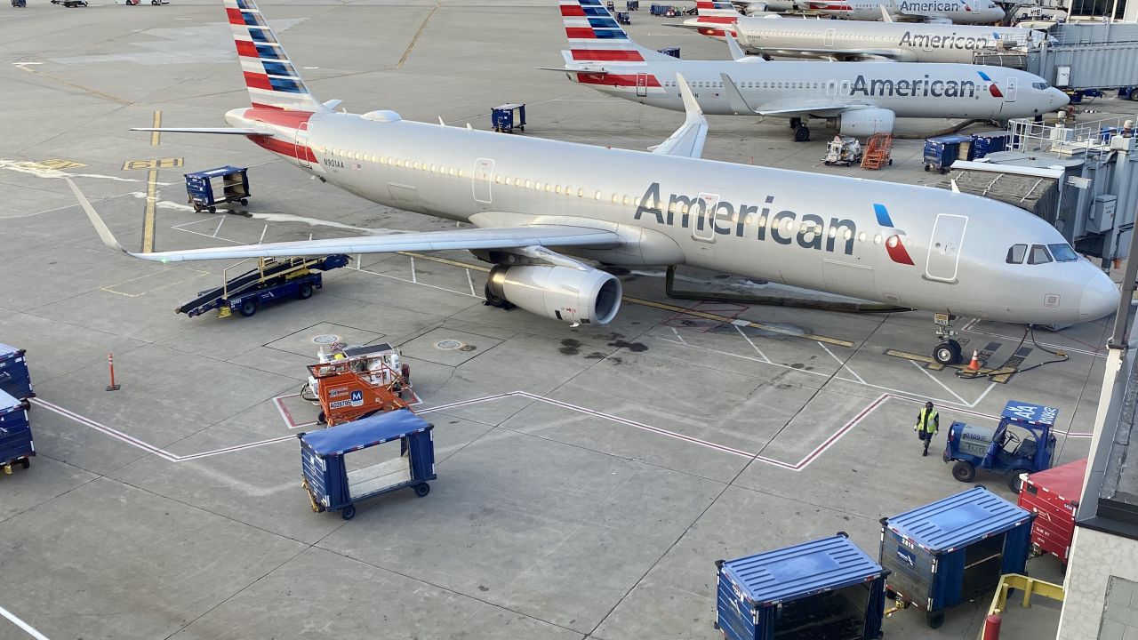 An American Airlines plane at the gate in Chicago
