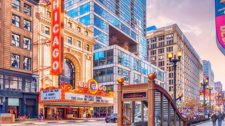 A photo of State Street in Chicago with the Chicago Theater in the background.