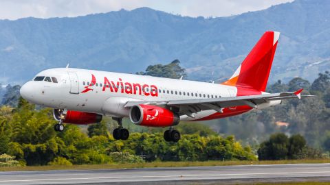 An Avianca Airbus A319 airplane at Medellin Rionegro Airport (MDE) in Colombia.