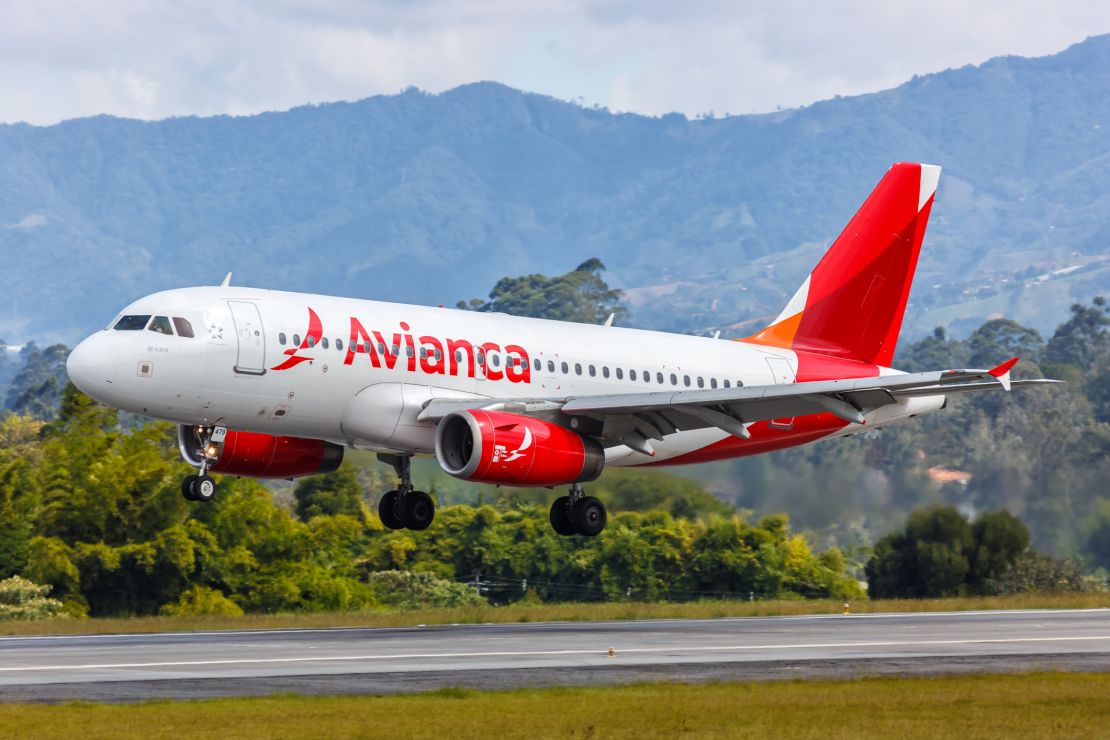 An Avianca Airbus A319 airplane at Medellin Rionegro Airport (MDE) in Colombia.
