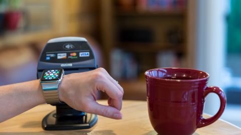 A photo of a wrist tapping an Apple Watch against a contactless point of sale machine next to a coffee cup