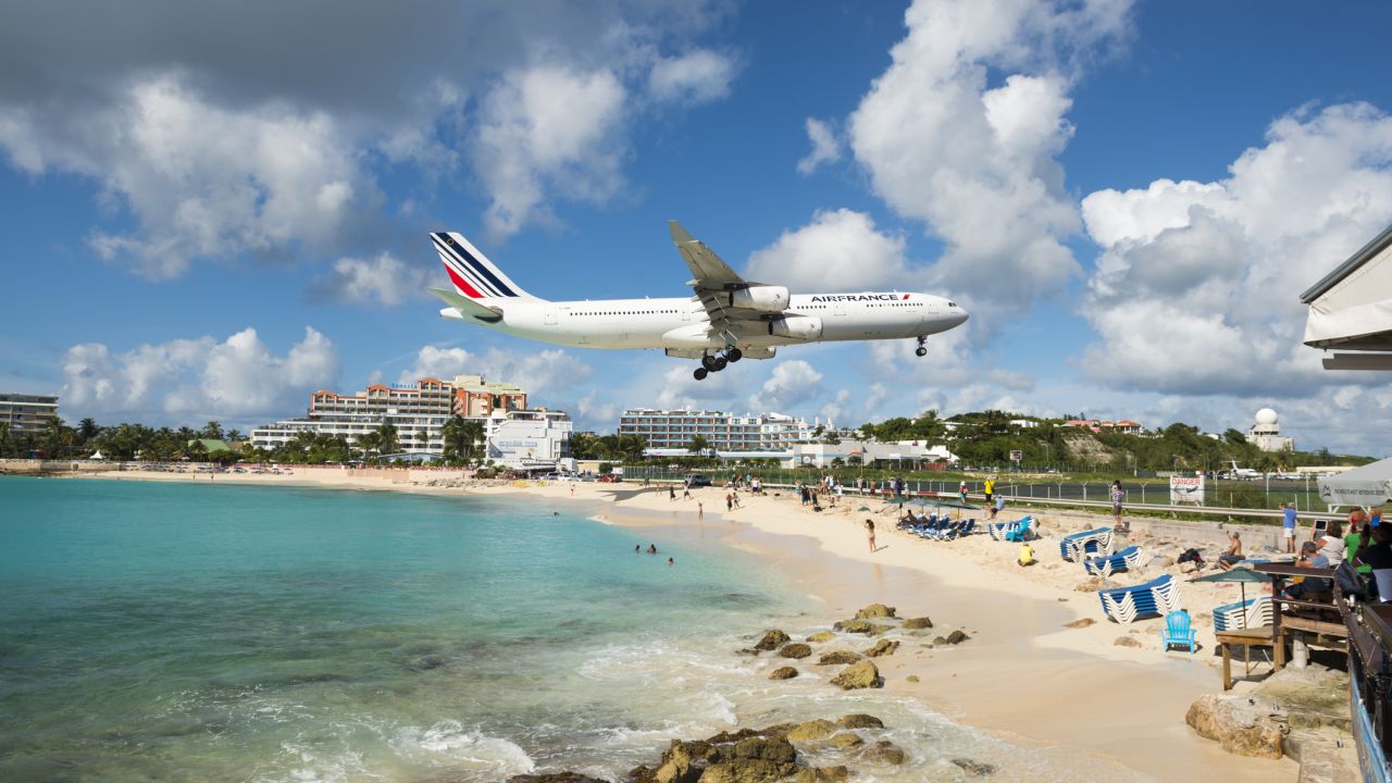 An Air France plane landing in St. Maarten.