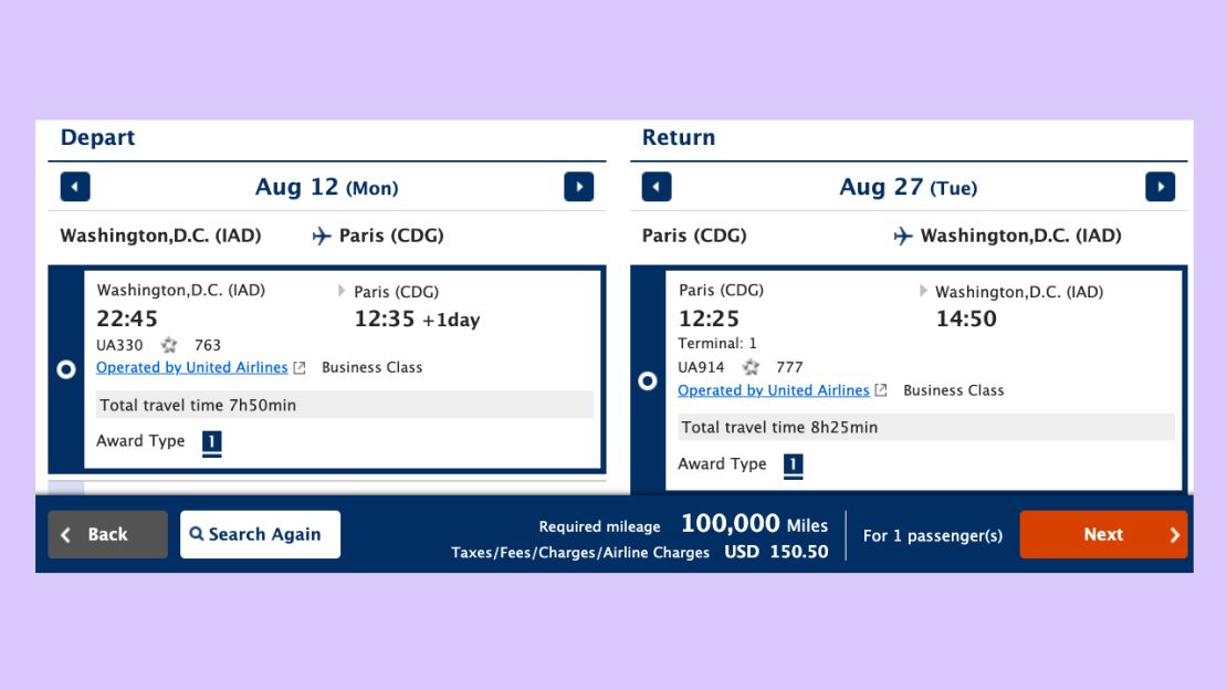 A screenshot of an award flight from Washington DC to Paris on ANA's website