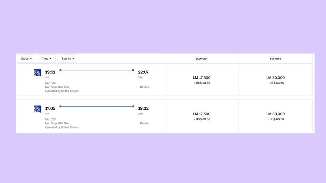 A screenshot of LifeMiles award flights from Houston to Cancun