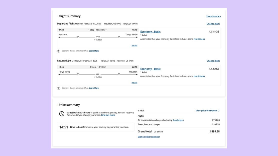 A screenshot of an Air Canada flight itinerary from Houston to Tokyo