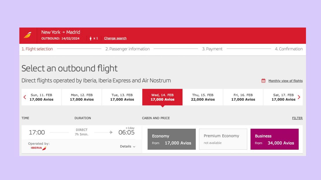 A screenshot of an Iberia award itinerary from New York-JFK to Madrid on Iberia's website