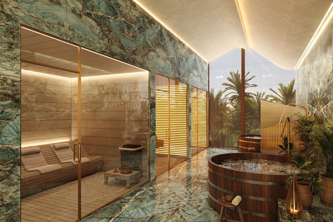 An ice plunge and sauna are shown in a rendering of the 122-storey Six Senses Residences in Dubai, scheduled to be completed in 2028.