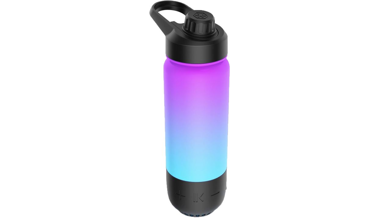 A waterbottle glows purple and blue