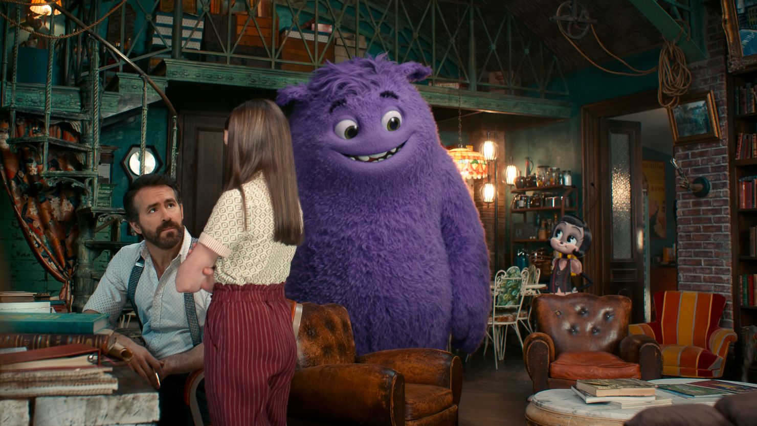 Ryan Reynolds, Cailey Fleming, Blue (voiced by Steve Carell (Blue) and Blossom (voiced by Phoebe Waller-Bridge) in "IF."