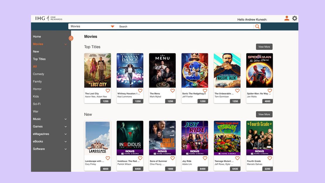 A screenshot of movie downloads on the IHG Digital Rewards website