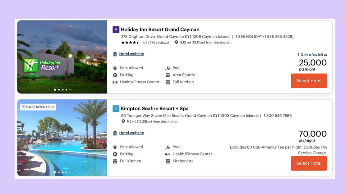 A screenshot of award nights at IHG properties in Grand Cayman, Cayman Islands on IHG's website