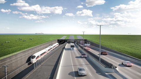 Visualisering af portalen og rampen til tunnelen.

Visualisation of the portal and ramp to the tunnel.

Visualisierung von Tunnelportal und Rampe.
