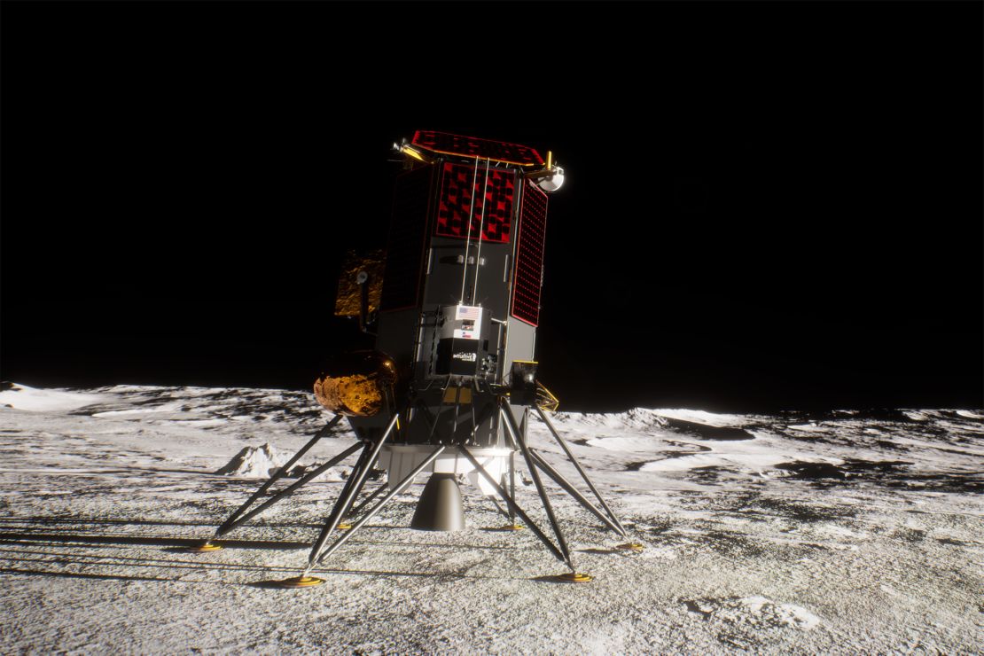 A rendering depicts Intuitive Machines' IM-2 lunar lander, called Athena, on the surface of the moon.