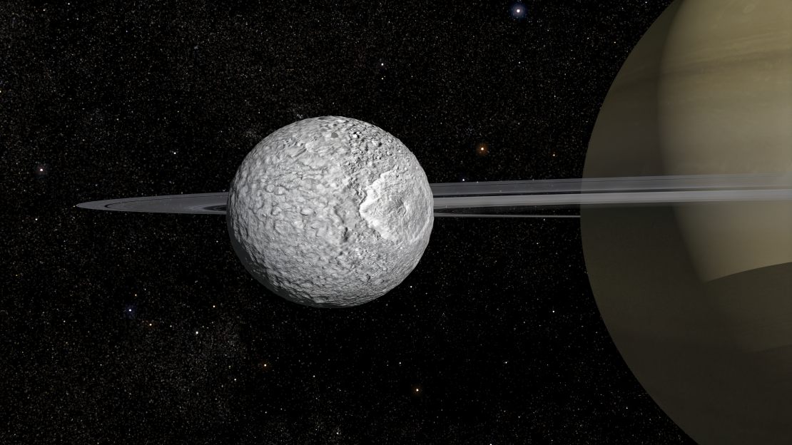 An illustration depicts the heavily cratered moon Mimas as it orbits Saturn.