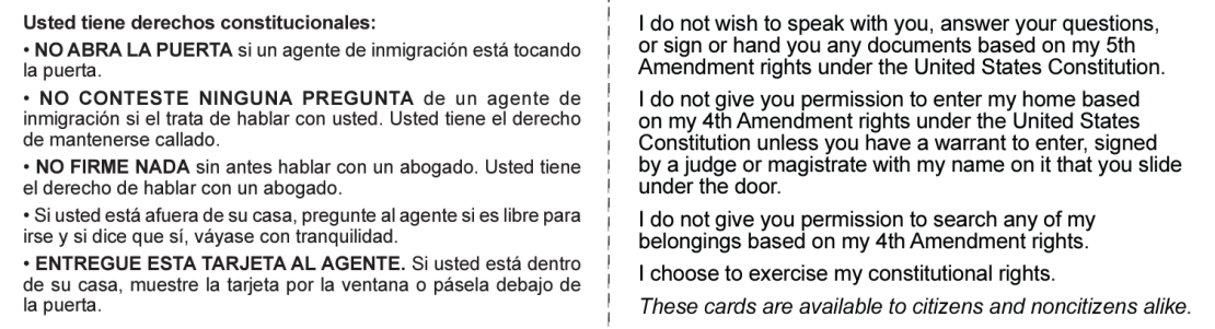 Esto es lo que contiene la tarjeta del ILRC para conocer los derechos de los inmigrantes en Estados Unidos.