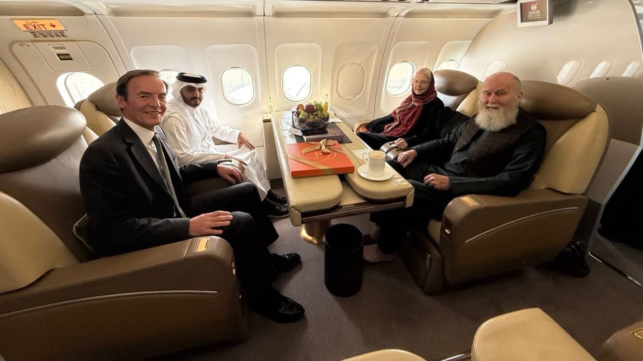 Qatari and British diplomats with Barbie and Peter Reynolds as they prepare to depart Kabul to Doha on September 19.