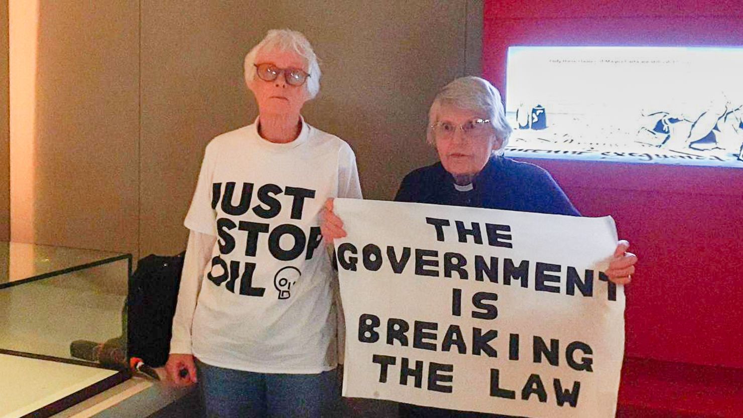 Just Stop Oil supporters Judy Bruce, 85, and Reverend Sue Parfitt, 82, smashed the protective enclosure around the historic Magna Carta document in London's British Library.