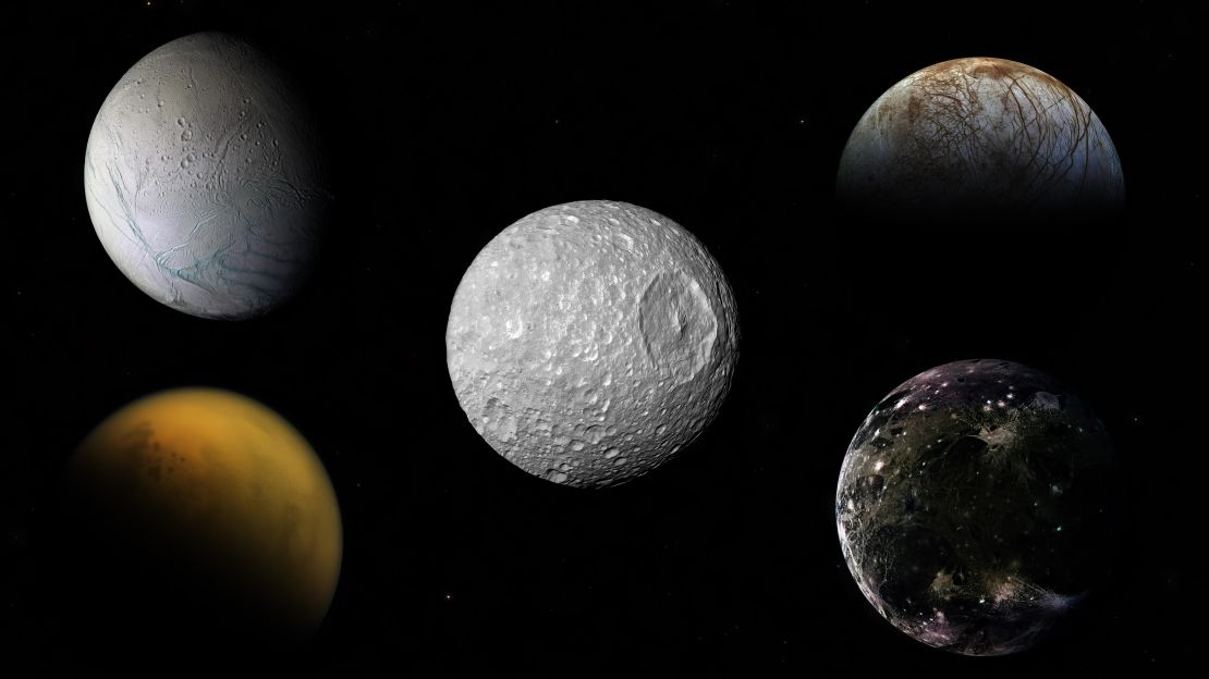 Ocean worlds such as Enceladus and Europa (top left, top right), Titan and Callisto (bottom left, bottom right) and now Mimas (center), may be the best worlds to search for life beyond Earth.
