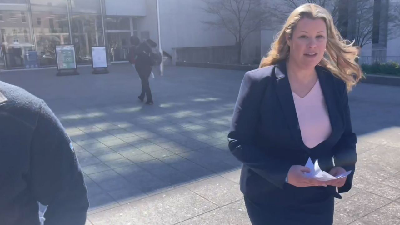 Pro-Trump lawyer Stefanie Lambert leaves the DC Superior Court on March 19, 2024, shortly after a judge released her from jail.
