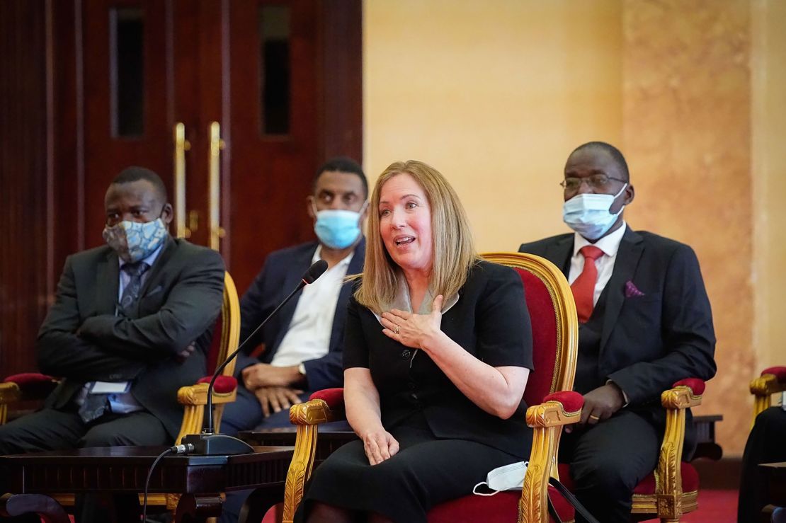 Sharon Slater, founder of Family Watch International, speaks to Uganda's first lady in Entebbe in April.