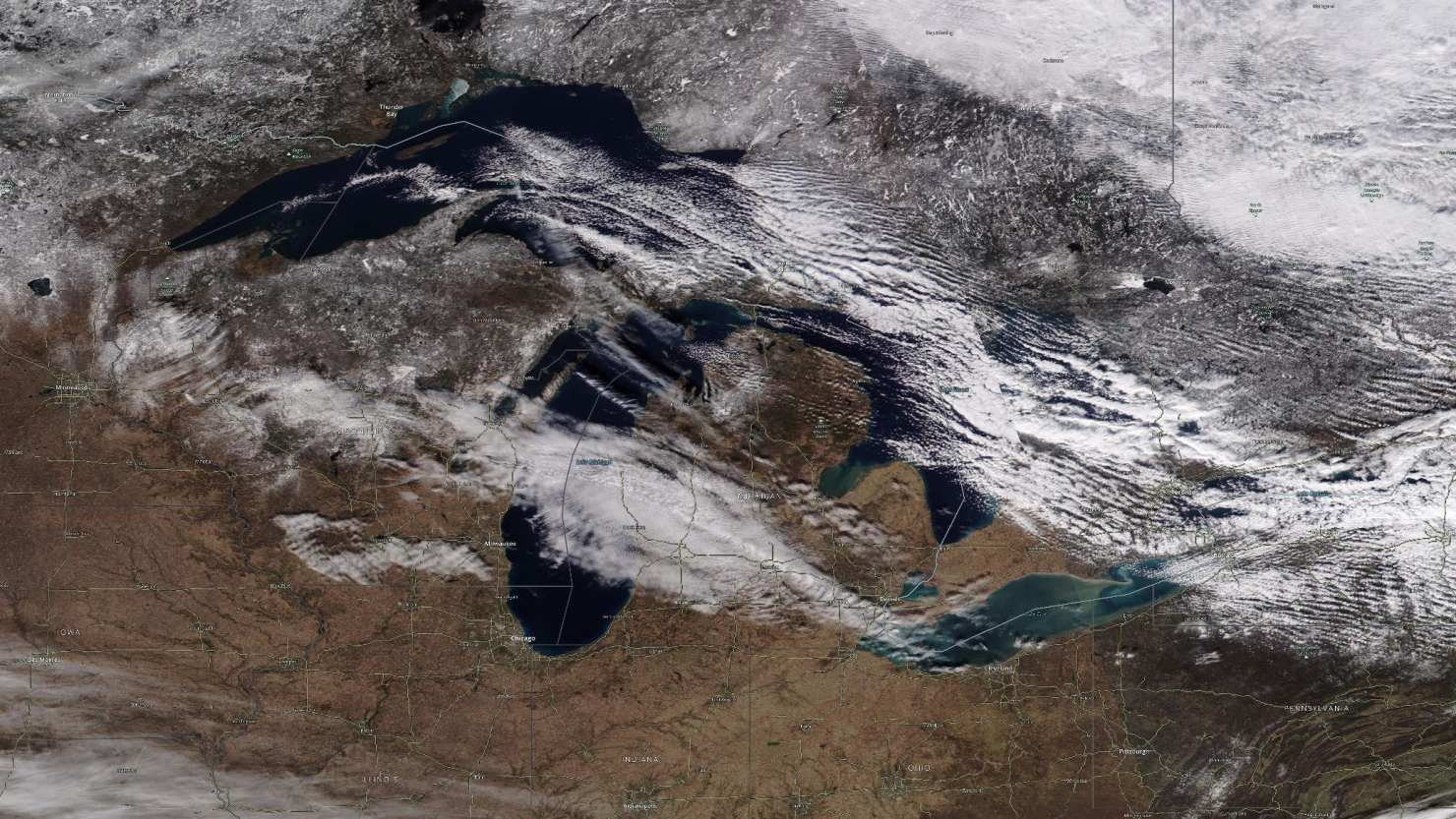 This satellite view shows the Great Lakes on December 13, 2023. The lakes are still virtually ice free over a month into winter.