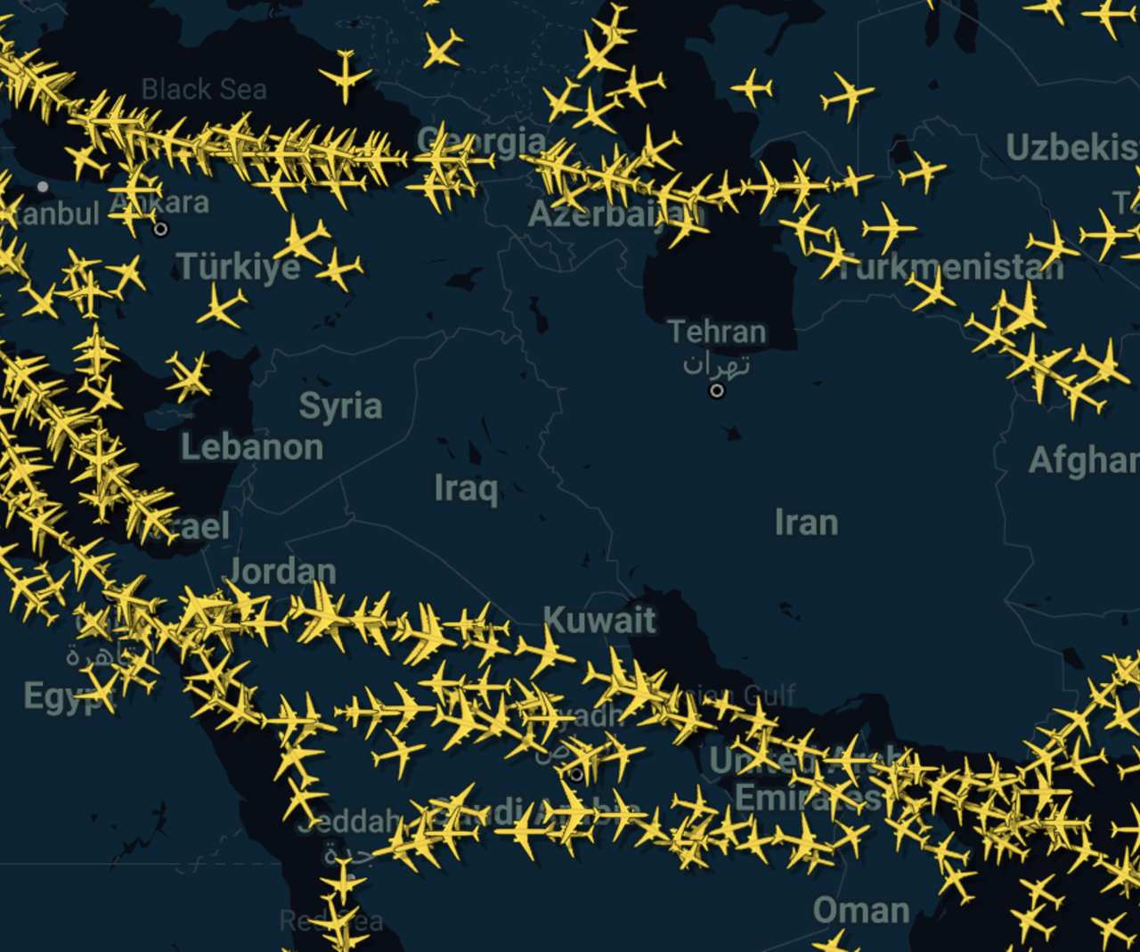 Flight tracking data shows the empty airspace over a wide swath of the Middle East.