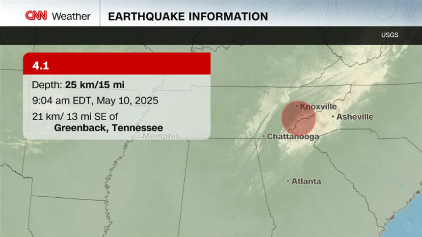 A mild 4.1 magnitude earthquake south of Knoxville, Tennessee, was felt across the southeastern US Saturday morning.