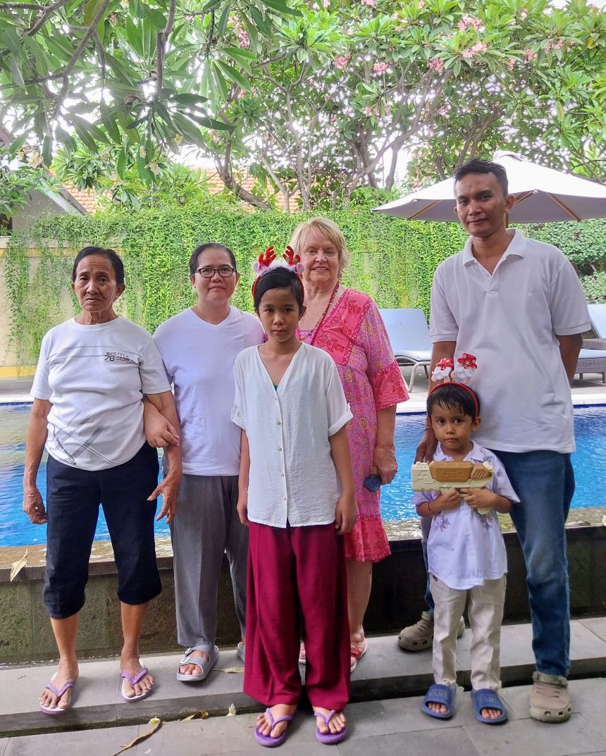 Victoria pictured in Bali with some of the friends she has made on the island.