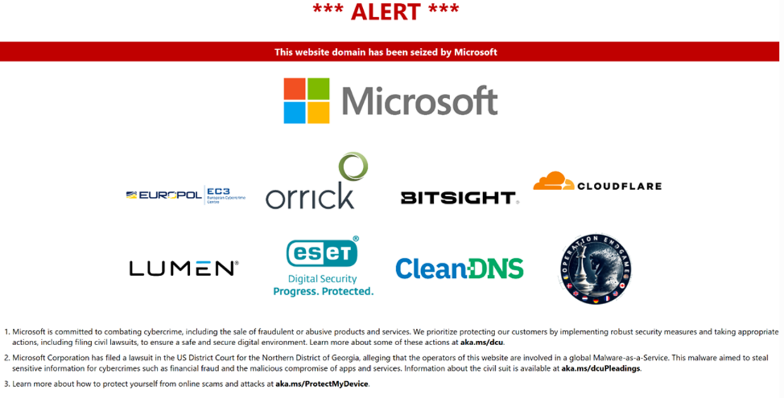 This screen grab from Microsoft shows the page displayed on 900+ domains seized.