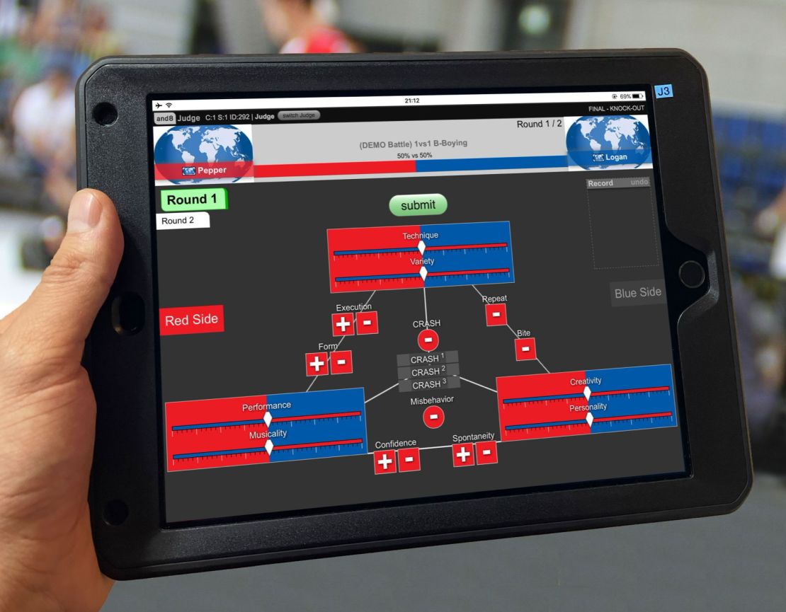 In the Trivium Interface (using software called "and8 Judge"), space is equally divided between red and blue, which represent each competitor. Depending on which side is performing, each judge presses either the red side or blue side button on their hand-held device.