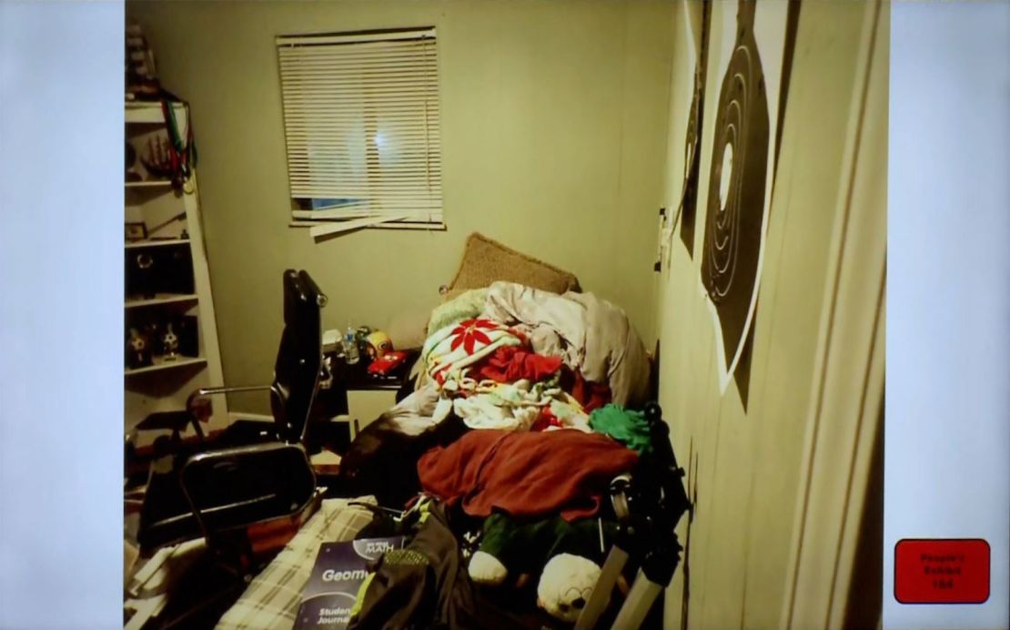 A photo of Ethan Crumbley’s room taken shortly after the shooting on November 30, 2021, was shown at his mother's manslaughter trial on Tuesday.