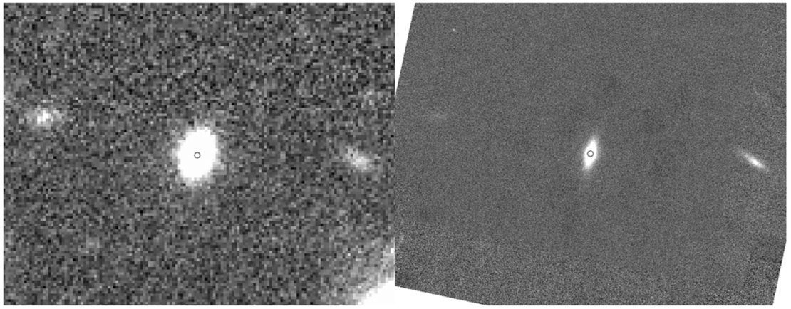 The fossil galaxy KiDS J0842+0059 was observed with the VLT Survey Telescope (left), and at higher resolution with the Large Binocular Telescope in Arizona (right).