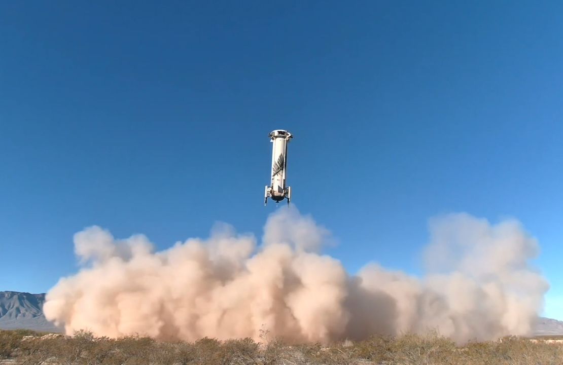 The New Shepard booster comes in for a smooth landing at Launch Site One during the NS-28 mission.