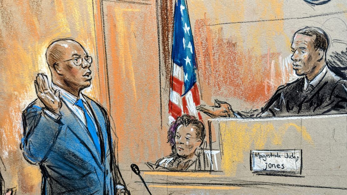 In this sketch from court, Rep. Jamaal Bowman pleads guilty to a misdemeanor charge for falsely triggering a fire alarm in a House office building on Thursday, October 26, 2023.