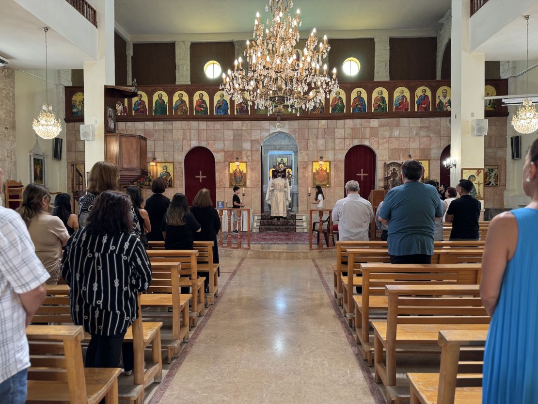 Sunday mass at the Maronite Church in the town of Marjayoun, southern Lebanon. Around 90,000 residents are said to have left the south of the country since October 7th amid ongoing tensions between Hezbollah and Israel.