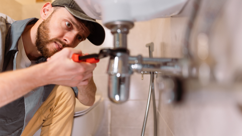 Plumber works on a bathroom sink.