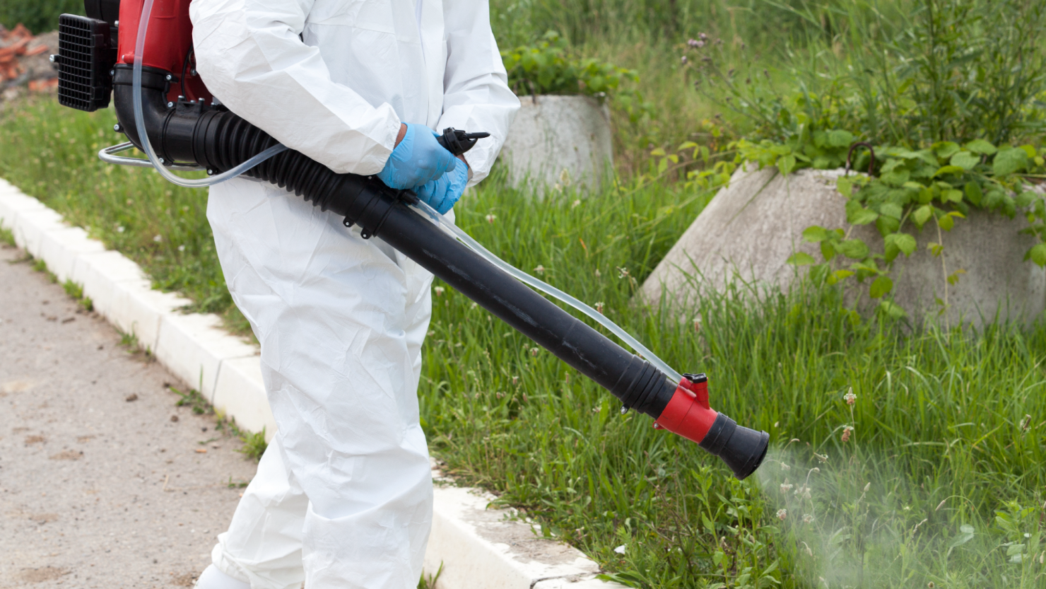 Pest control technician spraying outdoors