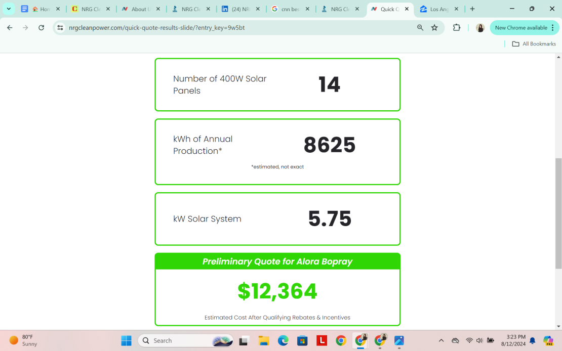 NRG solar panel quote for $12,364