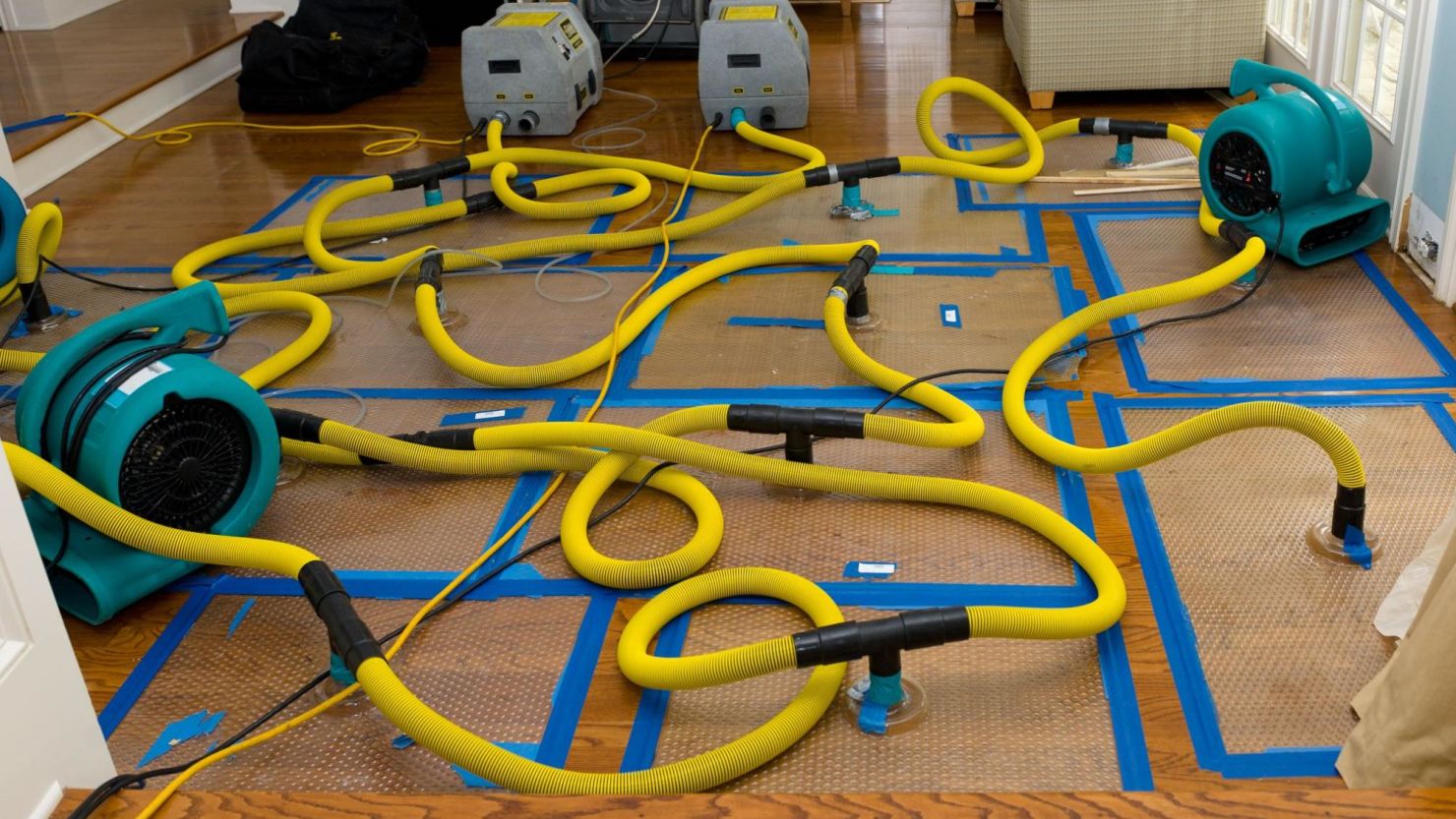 Water mitigation pumps extracting water out of a hardwood floor.