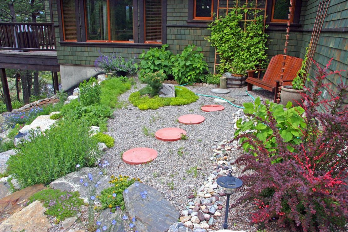 Rain chain in a garden.