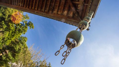 A rain chain hangs off the roof.