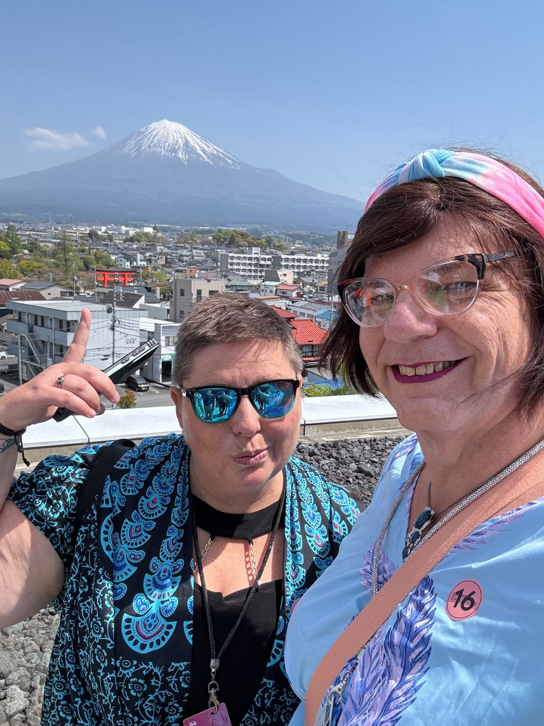 The couple traveled the globe on a nine-month cruise for much of 2024, which included a stop off at Mount Fuji, in Japan, pictured.