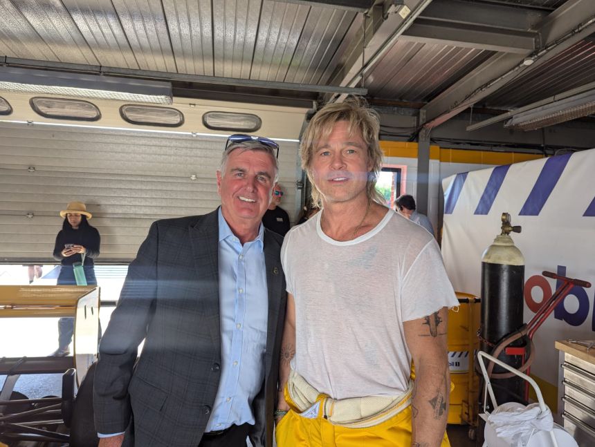 Martin Donnelly and Brad Pitt pictured on the set of “F1 the Movie.”